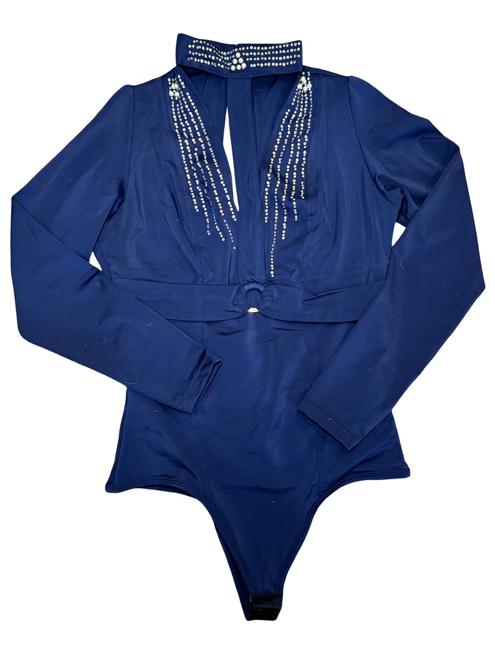 Colombian faja Embellished Navy Long-Sleeve Bodysuit with Choker Pearl Detail